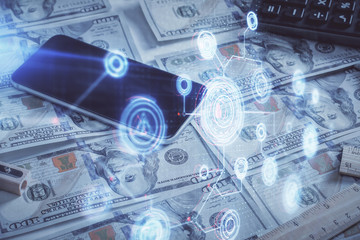 Double exposure of data theme drawing over us dollars bill background. Technology concept.