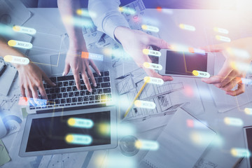 Double exposure of man and woman working together and data theme hologram drawing. Computer background. Top View.