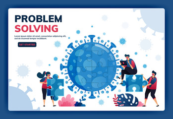 Landing page vector illustration of teamwork and brainstorming to solve problems and find solutions during the covid-19 virus pandemic. Symbol of collaboration, virus, puzzle. Web, website, banner