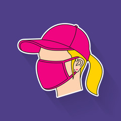 Portrait of a young woman wearing a hat and face mask flat design. Vector illustration