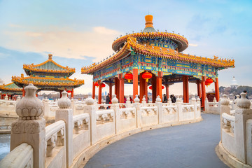 The Five-Dragon Pavilions at the north west of Beihai Park in Beijing, China - obrazy, fototapety, plakaty