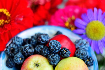 saucer with apples and scattered blackberries close up over blurred bright colorful floral background