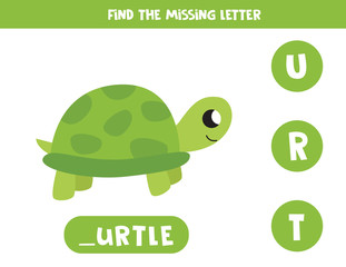 Find missing letter and write it down. Cute cartoon turtle.