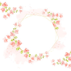Obraz na płótnie Canvas watercolor pink Bougainvillea on pink splash with hexagon golden frame for wedding or birthday invitation card