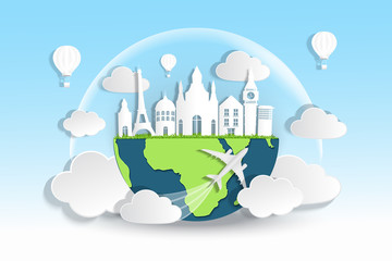 Fototapeta na wymiar Travel and Tourism concept, globe with building, airplane, hot air balloon and clouds. vector illustration