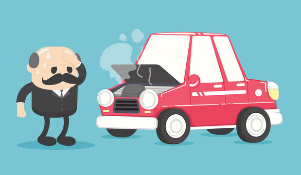 Vector illustration old car and old manon the road