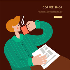 A man with a newspaper is drinking coffee. Coffee shop landing page for small business. Homepage website layout design concept.