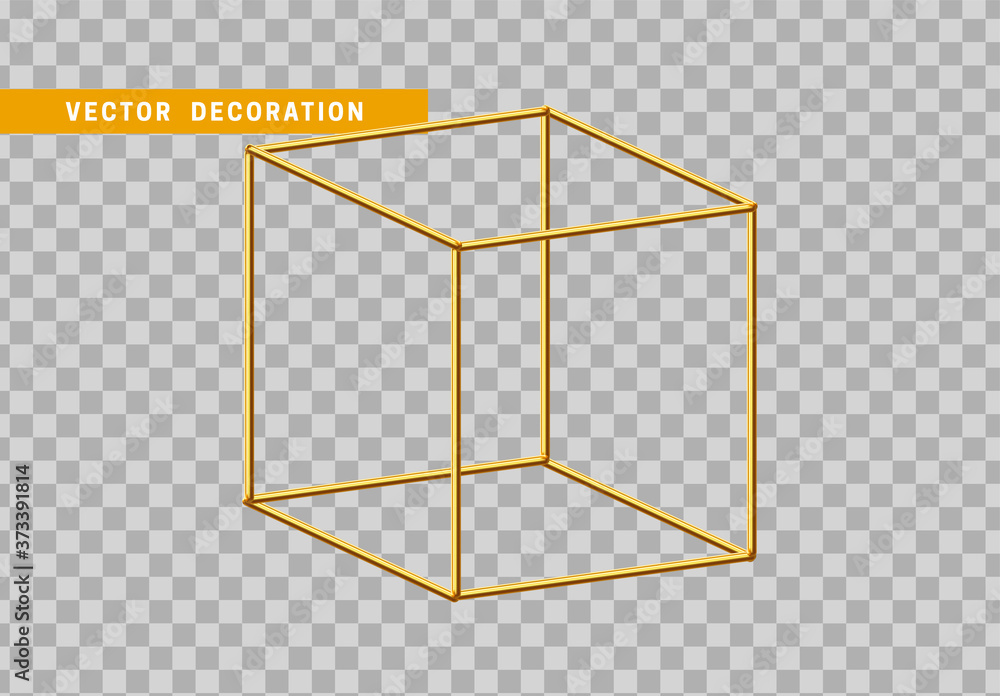 Poster gold cube geometric shape. metal object cube 3d. vector illustration
