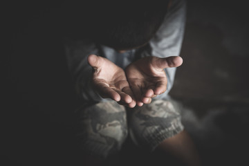 closeup hands poor child begging  concept,  for poverty or hunger people, Human Rights.