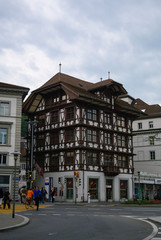 Street with historical houses in Lucerne city center, Switzerland