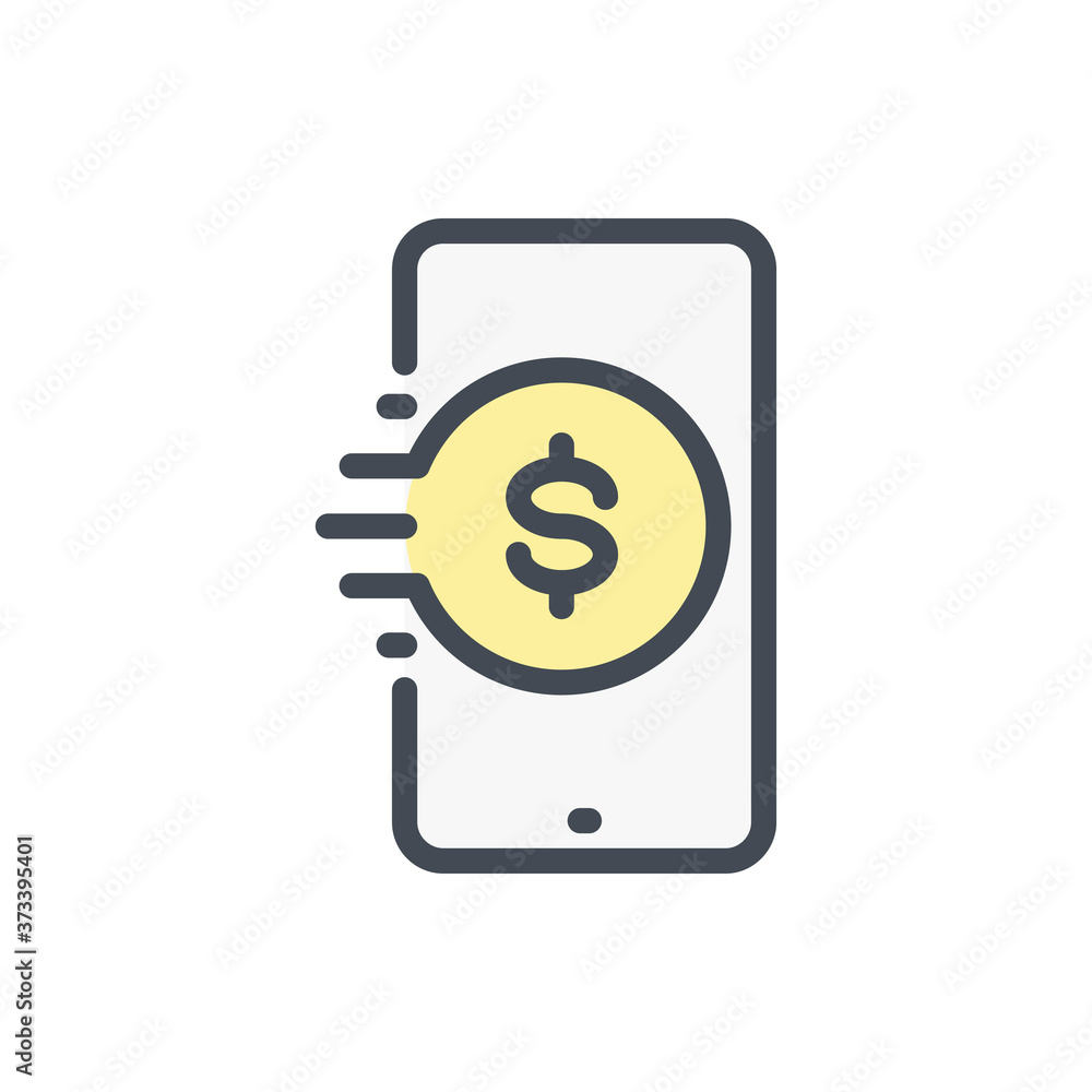 Poster mobile banking and mobile payment color line icon. mobile phone with dollar coin vector outline colo