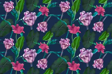 Deurstickers Colourful Seamless Pattern with tropic flowers and leaves. © Natalia @themishaart