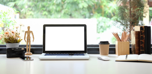 Workspace desk and laptop. copy space and blank screen. Business image, Blank screen laptop and supplies.