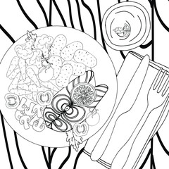 coloring book antistress fish with vegetables, mushrooms with sauce