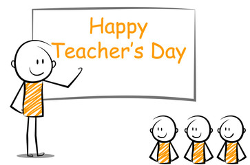 cartoon stickman: happy teacher's day text on white board.vector illustration.