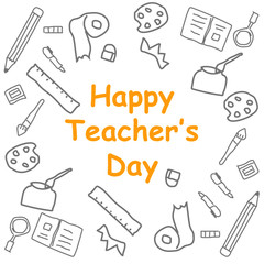 cartoon doodle art of happy teacher's day in yellow text. vector illustration.