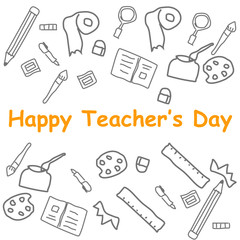 cartoon doodle art of happy teacher's day in yellow text. vector illustration.