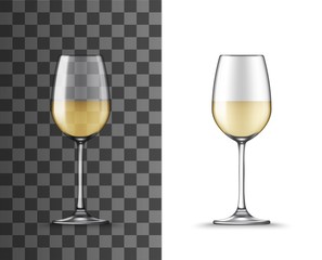 Wine glass, white wine transparent isolated cup, vector clear realistic wineglass, alcohol drink goblet mockup 3d. Wineglass on short leg for sweet and dessert white wine, drinks crockery