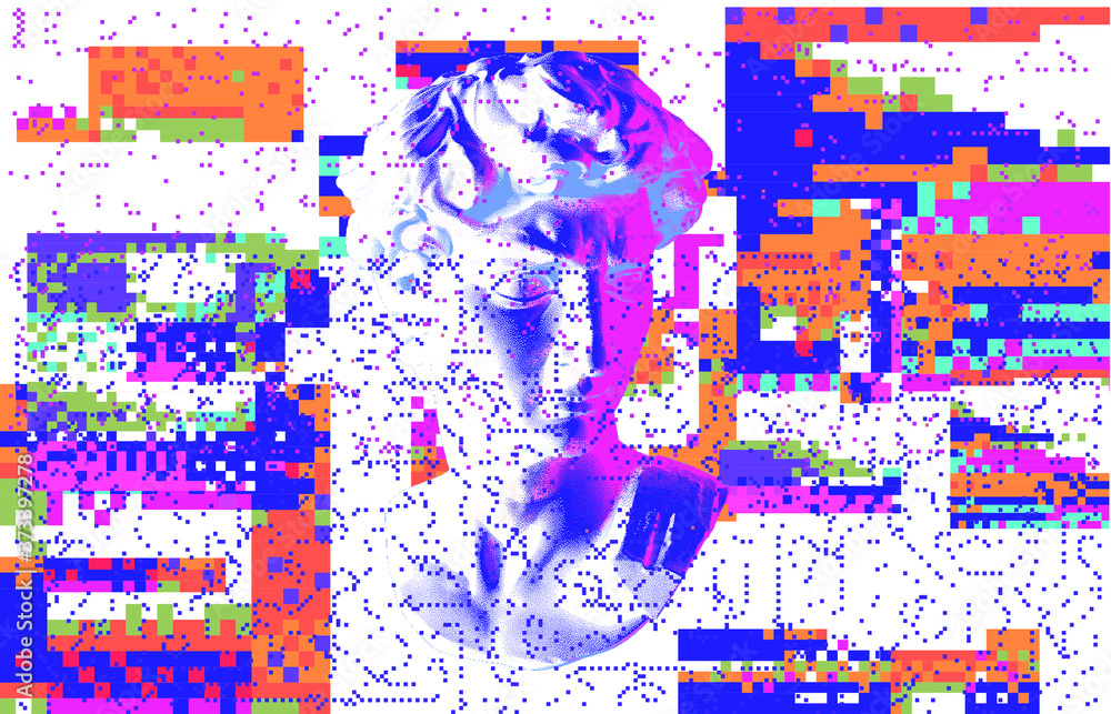 Poster cyberpunk-style collage with plaster 3d head and pixel artifacts. vaporwave and retrowave aesthetics