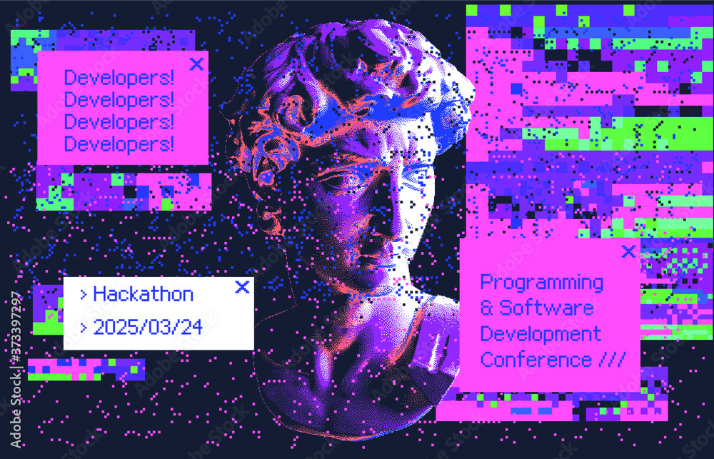 Poster cyberpunk-style collage with plaster 3d head and pixel artifacts. vaporwave and retrowave aesthetics