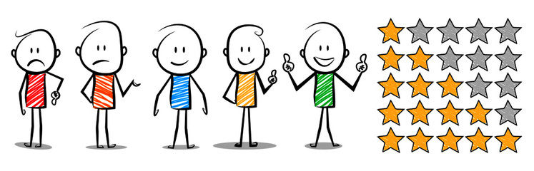 cartoon stickman expressions.rating and review concept.vector illustration.