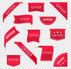 Sale offer red vector banners, ribbons and labels. Isolated internet business banners, realistic discount silk promotional event labels, shopping tags and sale offer badges