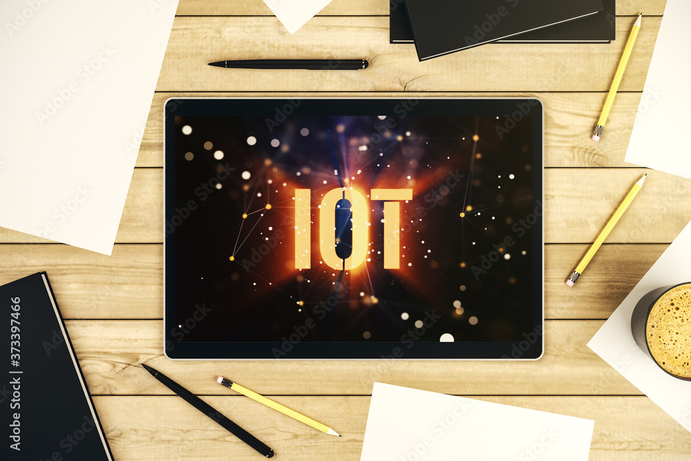 Poster creative iot illustration on modern digital tablet display, future technology concept. top view. 3d 