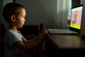 Little blond boy watching cartoons on laptop at home