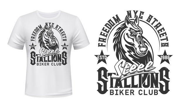 Tshirt print with horse stallion head. Vector biker club mascot or tattoo, white apparel or uniform mockup design. T shirt activewear template, monochrome badge with mare animal and grunge lettering