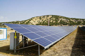 Solar panels (power electric generators) Blue solar panels.  photovoltaic modules for renewable and...