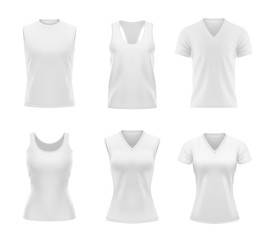 White sports tshirts for men and women vector mockup. Isolated t shirts, singlets with short sleeves, round and triangle neck front view template. Blank apparel design, sportswear realistic 3d mock up