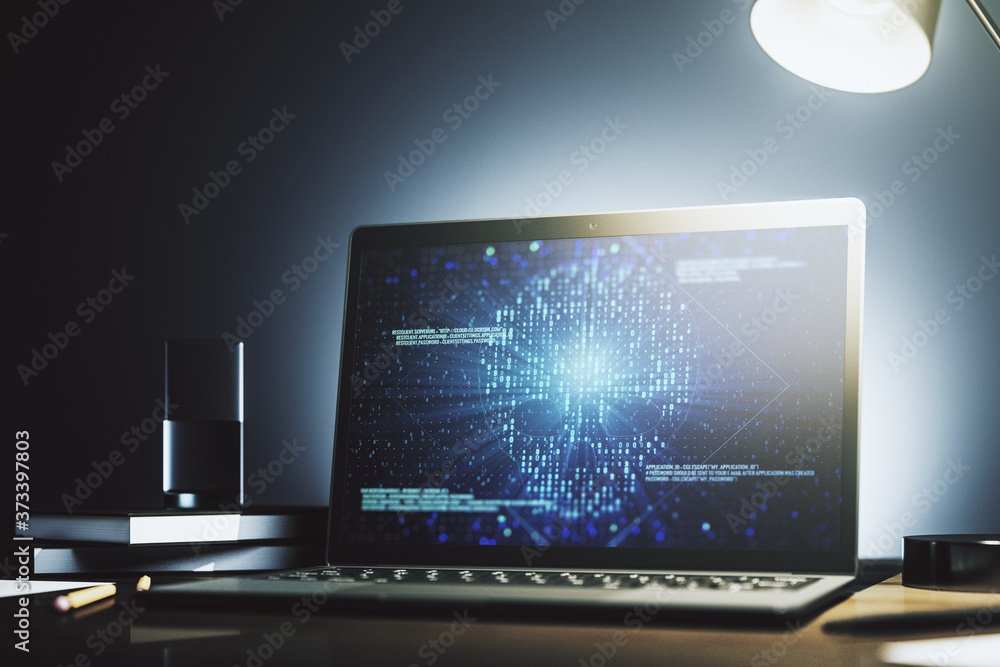 Poster creative code skull sketch on modern laptop monitor, theft of personal data and malware concept. 3d 