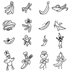 Hand drawing banana doodle vector set