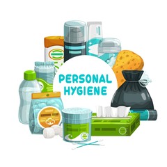 Personal hygiene, bathroom and shower care items, vector banner. Personal hygiene and toiletries, bathroom sponge, toothbrush and toothpaste, shaving gel, cotton buds and wet towel or paper tissue