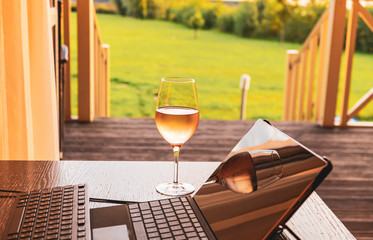 Glass of wine and laptop on the background of a green meadow