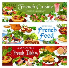 France cuisine vector salad with beet and goat cheese, gratten with mushrooms and salad nicoise, salad with spinach and strawberries, bacon wrapped liver plate French meals, food dishes banners set