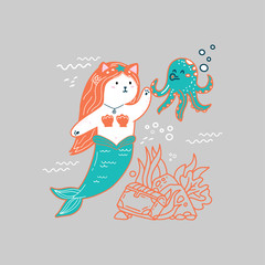 kitty-mermaid with her friends illustration in hand drawn doodle style