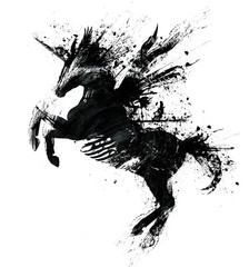 Undead unicorn with short black wings, pierced with arrows and spears. He stands on its hind legs in profile. 2D illustration. © warmtail