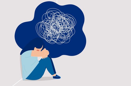 Psychotherapy and psychology help with depressive disorders. a woman suffering from prolonged sadness, fatigue, chronic pain, headaches or stomachaches.vector Illustration