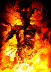 The silhouette of an exhausted woman chained in chains and thorns, beggingly looking up into the heavens, her body burned with a bright fire in hell. 2D illustration. © warmtail