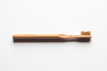 Wooden bamboo toothbrushes on white background isolated. The concept of zero waste, recycling