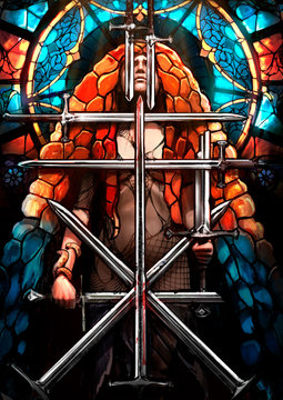 A tarro card with nine swords, which shows a beautiful naked girl surrounded by blades, she has long orange hair, she stands against a stained glass background. 2D illustration.