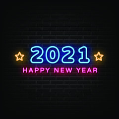 Happy new year 2021, neon sign vector