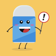 Cute flat cartoon eraser holding a sign illustration. Vector illustration of cute eraser with a smiling expression.
