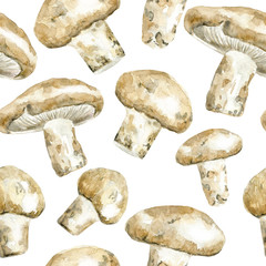 Seamless pattern with watercolor matsutake mushroom. Hand drawn illustration of toadstool on white. Background for recipe, label, packaging design. Backdrop for japanese, korean, chinese cuisine.