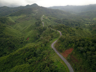 Fototapeta premium Logistic concept aerial view of countryside road - motorway passing through the serene lush greenery and foliage tropical rain forest mountain landscape