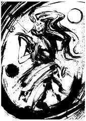 A beautiful Buddhist girl with a staff holds her hand in a praying position in front of her, making a circular motion leaving an ink splash. 2D illustration.