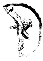 A bald karate fighter in a kimono makes a beautiful circular kick, leaving an ink trail, drawn in ink. 2D illustration.
