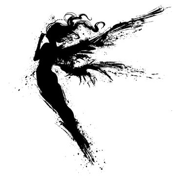 A silhouette of a beautiful fairy with long blotted wings, she thoughtfully flies up, stretching her slender legs. 2D illustration.