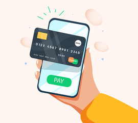 Pay by credit card via electronic wallet wirelessly on phone. New mobile banking app and e-payment vector illustration.